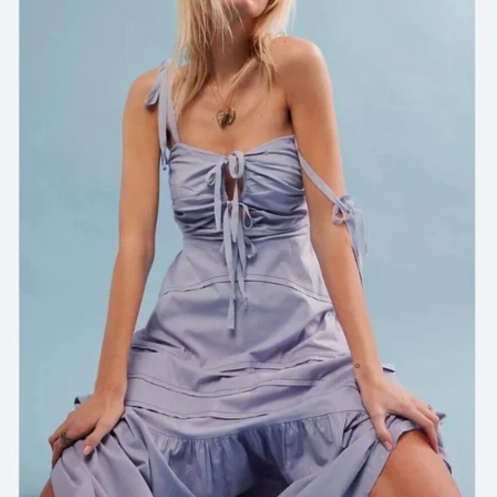 Free People Womens XS Palma Midi Dress Heron Lace Up Bodice Straps- Blue